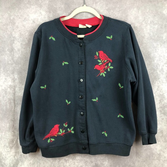 CC Hughes Double Collar Sweatshirt Cardigan Red Bird Embroidered Button Up Sz L - Picture 1 of 11